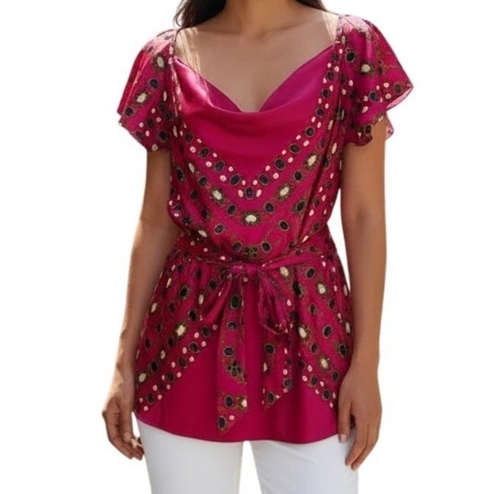 CACHE Fuchsia Pink‎ Jewel Chain Print Cowl Neck Flutter Sleeve Blouse EUC Size M